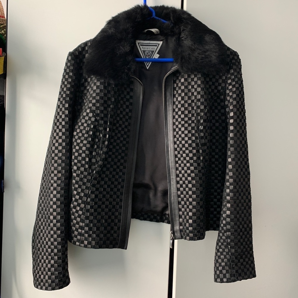 genuine checkerboard leather jacket with real fur